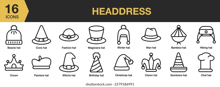 Headdress icon set. Includes headdress, head, traditional, costume, hat, and More. Outline icons vector collection.
