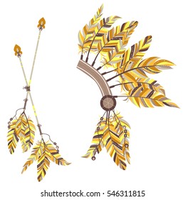 Headdress Indians and two arrows with feathers on a white background.