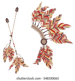 Headdress Indians and two arrows with feathers on a white background.