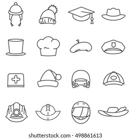 Headdress, line icons set. hats of different professions, symbols collection. Headgear, vector linear illustration