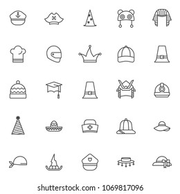 Headdress outline icons set. linear style symbols collection, line signs pack. vector graphics. Set includes icons as marine hat, pirate , wizard, pharaoh, chef hat, motorcycle helmet, baseball cap