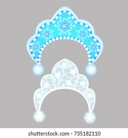 The headdress of the snow maiden isolated on gray background. Vector cartoon close-up illustration.
