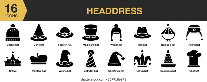 Headdress solid icon set. Includes headdress, head, traditional, costume, hat, and More. Solid icons vector collection.