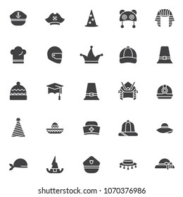 Headdress vector icons set, modern solid symbol collection, filled style pictogram pack. Signs logo illustration. Set includes icons as marine hat, pirate, wizard, pharaoh, chef hat, motorcycle helmet