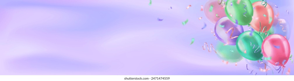 Header with 3d realistic colorful glossy balloons and confetti decoration with blank space for greeting text.  Panoramic banner design for birthday, celebration party, sale, opening event, invitation