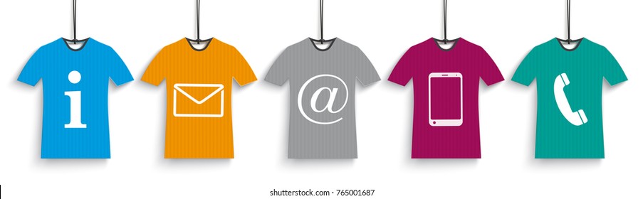 Header with 5 colored t-shirt price stickers with contact icons on the white background. Eps 10 vector file.