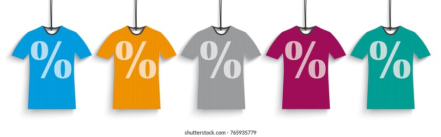 Header with 5 colored t-shirt price stickers with percents on the white background. Eps 10 vector file.