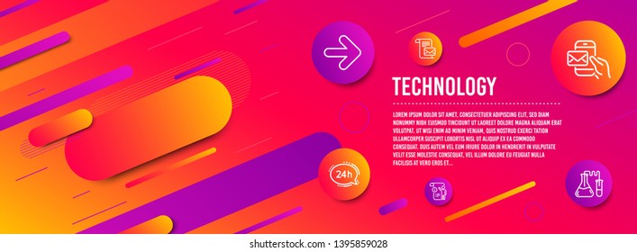 Header banner. 24h service, Next and Mail letter icons simple set. Manual doc, Messenger mail and Chemistry lab signs. Call support, Forward. Technology set. Line 24h service icon. Gradient elements