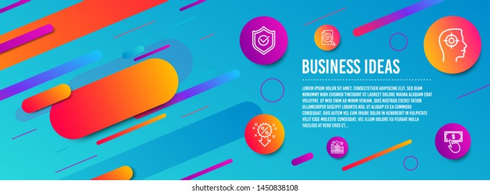Header banner. Analytics chart, Approved shield and Recruitment icons simple set. Discount, Hotel and Payment click signs. Report analysis, Protection. Business set. Line analytics chart icon. Vector