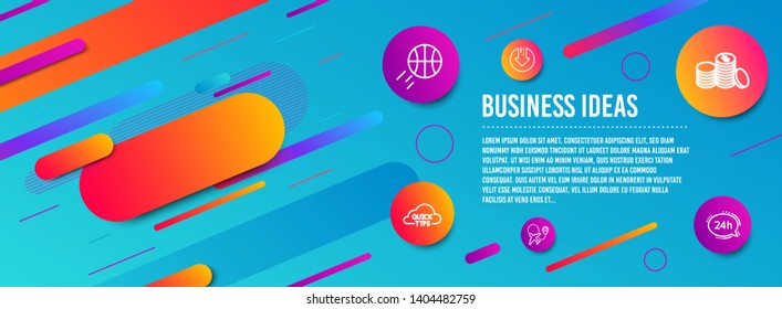 Header banner. Basketball, Airplane and Banking money icons simple set. Download arrow, Quick tips and 24h service signs. Sport ball, Plane. Business set. Line basketball icon. Gradient elements