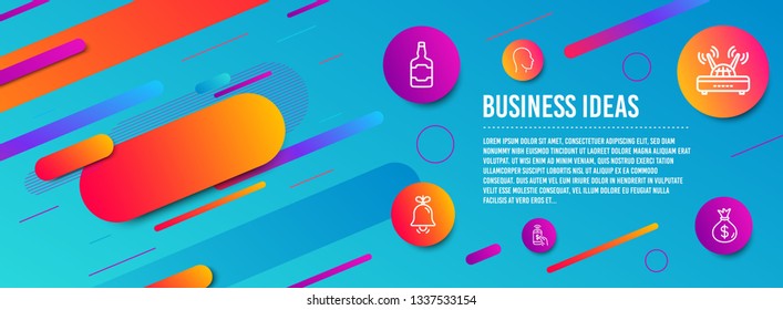 Header banner. Bell, Whiskey bottle and Head icons simple set. Phone payment, Wifi and Money bag signs. Alarm signal, Scotch alcohol. Business set. Line bell icon. Gradient elements. Vector