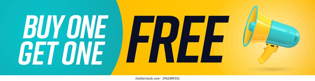 Header banner with buy one get one free special offer. Megaphone loudspeaker symbol with announce of marketing campaign to get gift or prize. Promotional material vector illustration