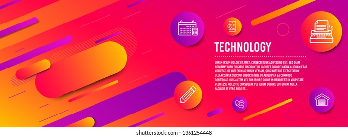 Header banner. Calendar, Typewriter and Pencil icons simple set. Smartphone notification, 24h service and Parking garage signs. Calculator device, Writer machine. Technology set. Line calendar icon