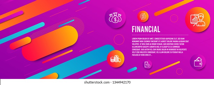 Header banner. Check investment, Presentation board and Private payment icons simple set. Banking money, Refresh bitcoin and Wallet signs. Business report, Growth chart. Finance set. Vector