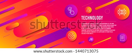 Header banner. Checkbox, Download and Bitcoin system icons simple set. Quick tips, Verify and Document signs. Approved, Load file. Technology set. Line checkbox icon. Gradient elements. Vector