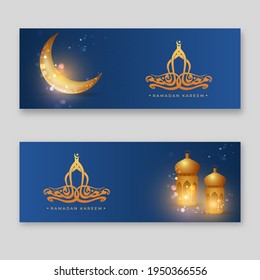 Header Or Banner Design With Arabic Calligraphy Of Ramadan Kareem, Crescent Moon And Lit Lanterns On Blue Background In Two Options.