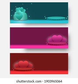 Header Or Banner Design With Hearts And 3D Podium Stage On Background In Three Color Options.