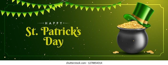 Header or banner design with illustration of Irish coins pot and leprechaun hat on glossy green background for Happy St. Patrick's Day celebration concept.