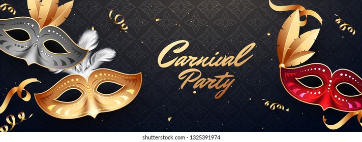 Header or banner design with illustration of party masks on black abstract background for Carnival Party celebration.