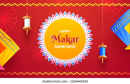 Header or banner design with illustration of realistic kites and hanging string spools on red background for Makar Sankranti festival celebration.