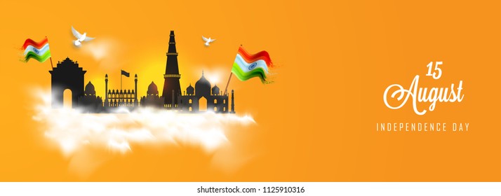 Header or banner design for Independence Day celebration with illustration of famous monuments of India such as India Gate, Taj Mahal, Red Fort on saffron color background with abstract pattern cloud.