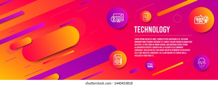 Header banner. Education idea, Search files and Faq icons simple set. Bitcoin chart, Documentation and Face recognition signs. Quick tips, Magnifying glass. Technology set. Line education idea icon