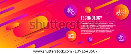 Header banner. Exam time, Cogwheel settings and Engineering documentation icons simple set. Smile, Clock and Repairman signs. Checklist, Engineering tool. Technology set. Line exam time icon. Vector