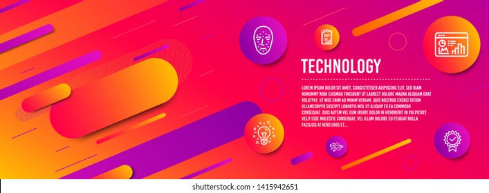 Header banner. Face biometrics, Checklist and Seo statistics icons simple set. Idea, Airplane and Certificate signs. Facial recognition, Graph report. Technology set. Line face biometrics icon