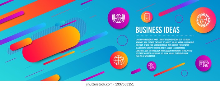 Header banner. Face detect, Edit document and Laureate award icons simple set. Search statistics, Environment day and Engineering documentation signs. Select target, Page with pencil. Business set