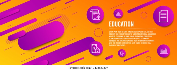 Header banner. File, Diagram graph and Approved agreement icons simple set. Mobile survey, Private payment and Bar diagram signs. Paper page, Presentation chart. Education set. Line file icon. Vector