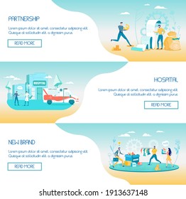 Header Banner Flat Set für Business und Medizin. Partnerschaft, Zusammenarbeit und Partnerschaft. Neue Markenentwicklung und -kreation. Krankenhaus oder Klinische Präsentation. Online-Service. Vektorgrafik