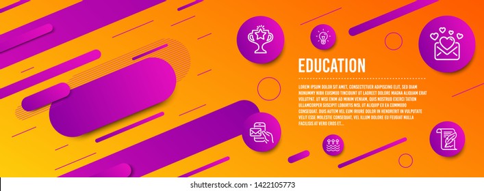 Header banner. Idea, Evaporation and Messenger mail icons simple set. Victory, Love mail and Feather signs. Light bulb, Global warming. Education set. Line idea icon. Gradient elements. Vector