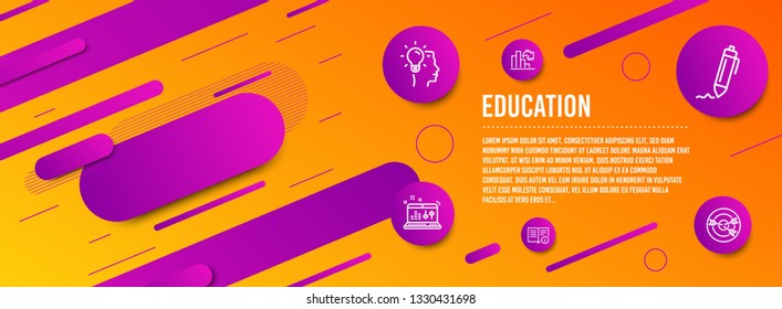 Header banner. Idea, Sound check and Signature icons simple set. Technical info, Decreasing graph and Targeting signs. Professional job, Dj controller. Education set. Line idea icon. Gradient elements
