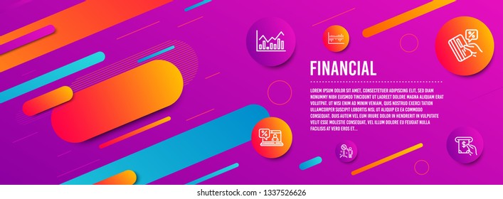 Header banner. Infochart, Discount and Column diagram icons simple set. Online loan, Credit card and Atm service signs. Stock exchange, Sale shopping. Finance set. Line infochart icon. Vector