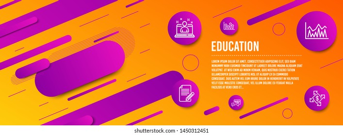 Header banner. Investment, Upper arrows and Quick tips icons simple set. Article, Best manager and Payment exchange signs. Economic statistics, Growth infochart. Education set. Line investment icon