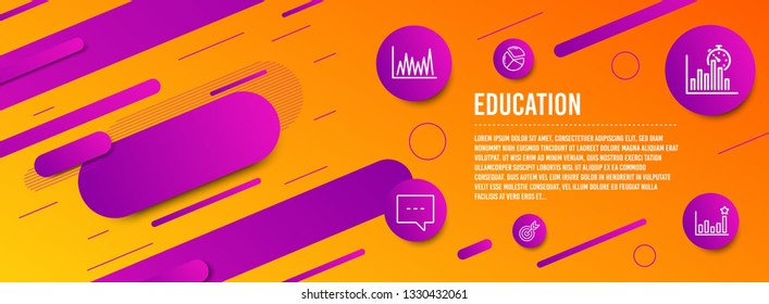 Header banner. Line graph, Target and Report timer icons simple set. Blog, Pie chart and Efficacy signs. Market diagram, Targeting. Education set. Line line graph icon. Gradient elements. Vector