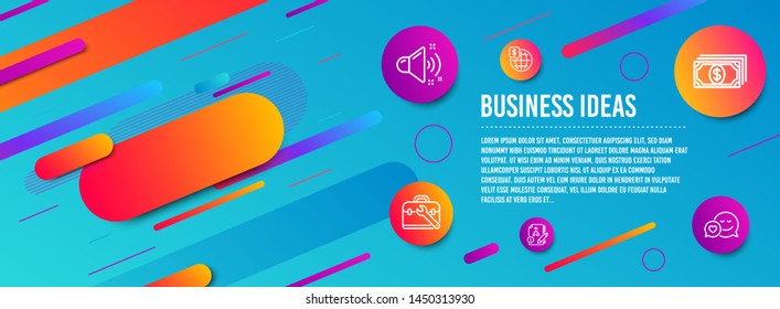 Header banner. Loud sound, Payment and Algorithm icons simple set. World money, Tool case and Dating signs. Music, Finance. Business set. Line loud sound icon. Gradient elements. Vector