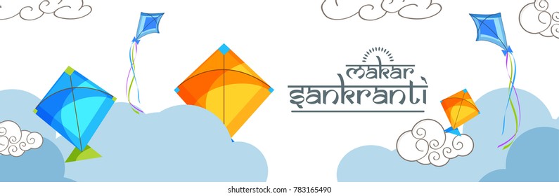 Header Or Banner Of Makar Sankranti with colorful kites.