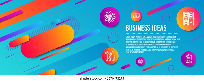 Header banner. Parking place, Technical documentation and Repairman icons simple set. Banking, Versatile and Accounting checklist signs. Transport, Manual. Business set. Line parking place icon