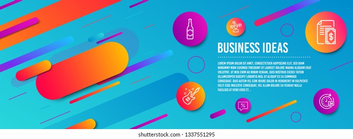 Banner de encabezado. Mensajes de pago, Conversación e iconos de guitarra eléctrica simple conjunto. Botella de cerveza, mensaje de descuento y signos de entrega a las 24 horas. Dinero en efectivo, Comunicación. Conjunto de negocios. Icono de pago de línea