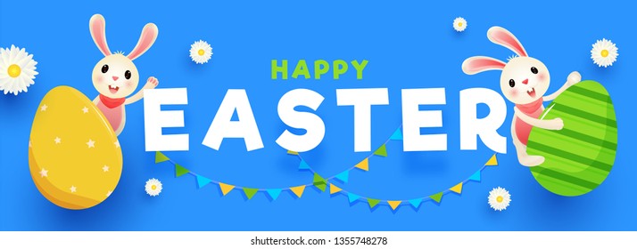 Header banner or poster design with illustration of colorful easter egg, bunny on blue background for Easter Party Celebration.