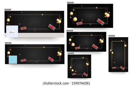 Header or Banner, Poster and Template Design with Gift Boxes, Hanging Golden Baubles, Stars and Snowflakes Decorated on Black Background with Space for your message.