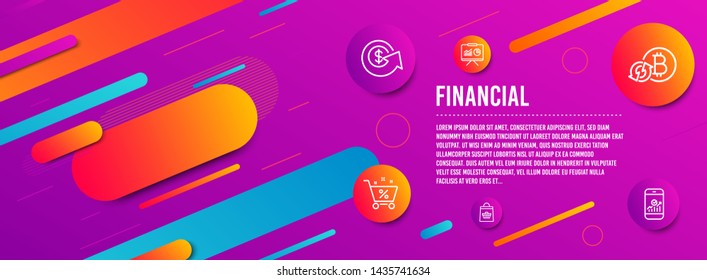 Header banner. Presentation, Dollar exchange and Refresh bitcoin icons simple set. Online buying, Loan percent and Smartphone statistics signs. Board with charts, Money refund. Finance set. Vector