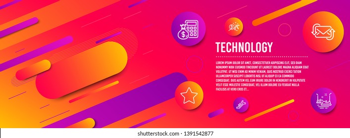 Header banner. Refresh mail, Bitcoin mining and Finance calculator icons simple set. Escalator, Star and Bumper cars signs. New e-mail, Cryptocurrency pickaxe. Technology set. Line refresh mail icon