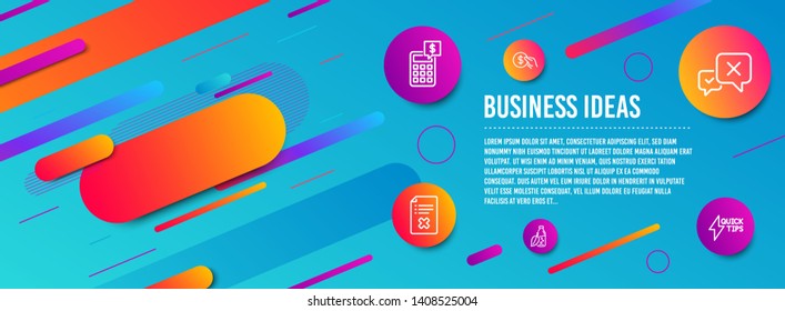 Header banner. Reject file, Payment and Calculator icons simple set. Reject, Water bottle and Quickstart guide signs. Decline agreement, Usd coin. Business set. Line reject file icon. Vector