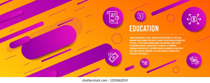 Header banner. Rejected payment, Payment message and Report icons simple set. Dollar exchange, Quick tips and Marketing signs. Bank transfer, Finance. Education set. Line rejected payment icon