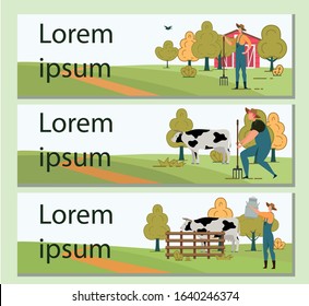 Header Banner with Rural Scene and Farmer at Work. Farming, Feeding Livestock, Harvesting, Milking Cow. Agricultural Worker with Steel Can, Shovel, Pitchfork. Agribusiness Vector Illustration