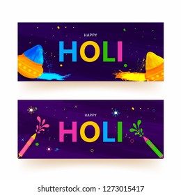 Header or banner set with colorful text holi on blue background for festival of colors celebration.
