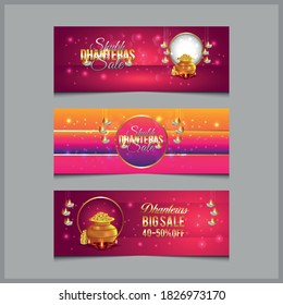 Header or banner Set for dhanteras sale with illustration and shiny background and oil lamps and mandala, Design for Dhanteras festival.