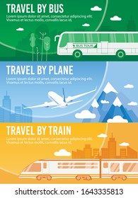 Header Banner Set Offer Travel by Bus, Train, Airplane. Online Purchase, Touristic Routes or Tickets Booking. Transportation for Trip, Arrival at Destination. Tour Agency Service. Vector Illustration